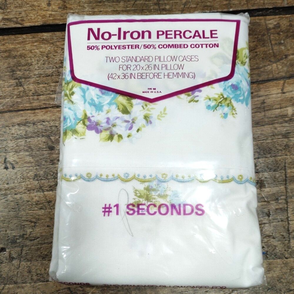Vintage No Iron Percale Standard Pillowcase TWO Floral NEW NWT 42" by 36" USA